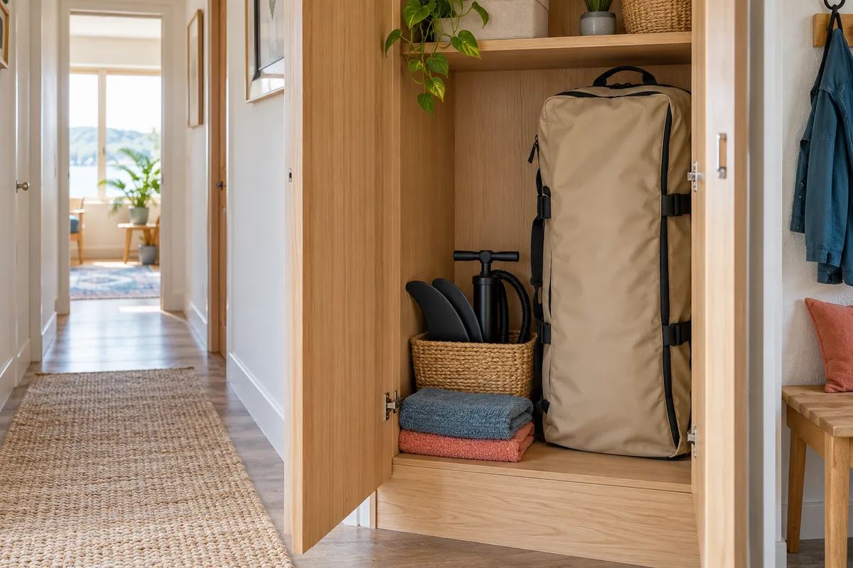 Illustrative compact home storage with a paddleboard bag and organised accessories