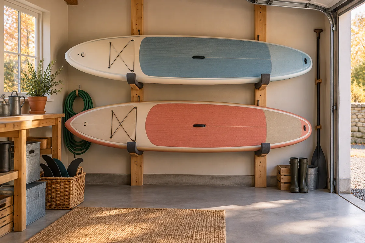 Illustrative garage setting with unbranded paddleboards stored on padded supports